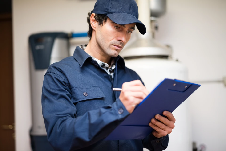 Technicien en uniforme bleu et casquette effectuant une inspection ou maintenance dans un local technique