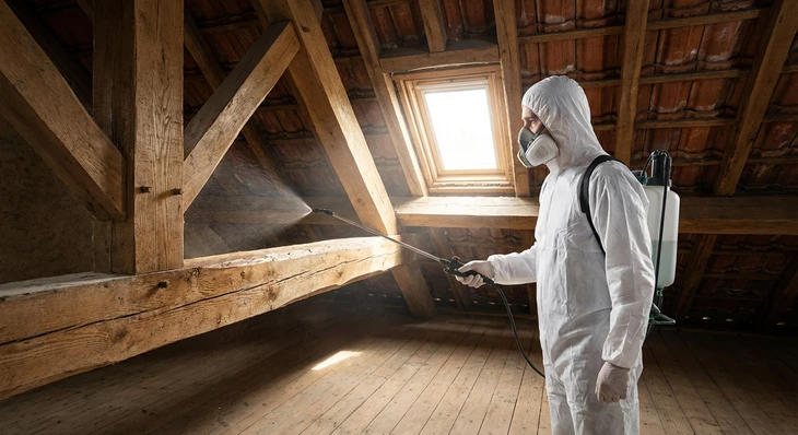 Professionnel en combinaison de protection intégrale blanche avec masque respiratoire effectuant un traitement antiparasitaire dans un intérieur résidentiel