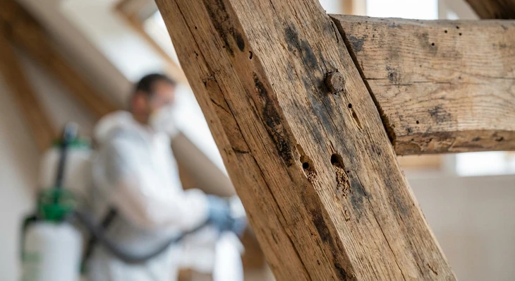 Travailleur qui enlève le bois ou les débris cariés du plancher d'une salle de bains pendant la rénovation, avec des outils et des dommages visibles à l'eau dans une zone de douche carrelée