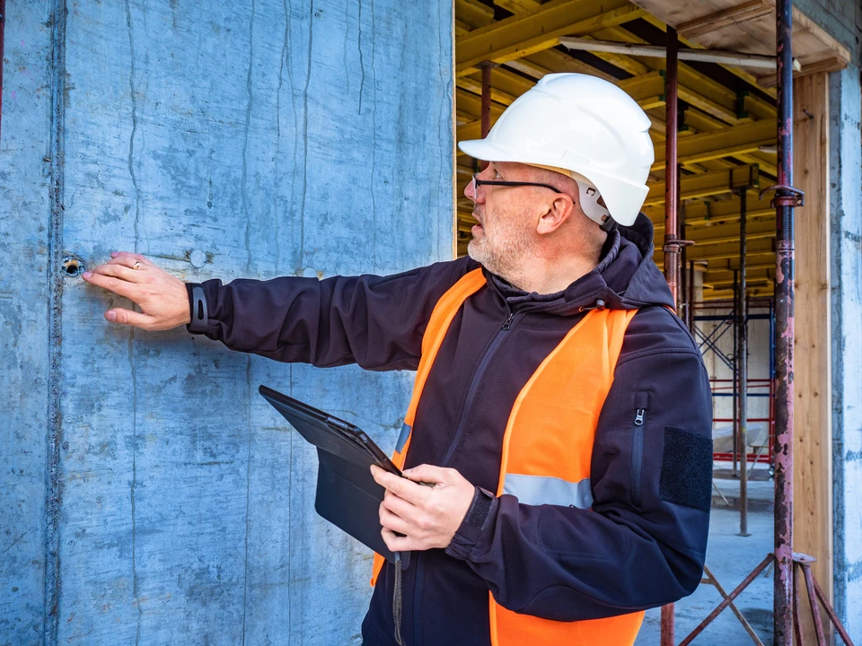 un ouvrier de la construction isole le mur d'une maison-cadre avec isolation