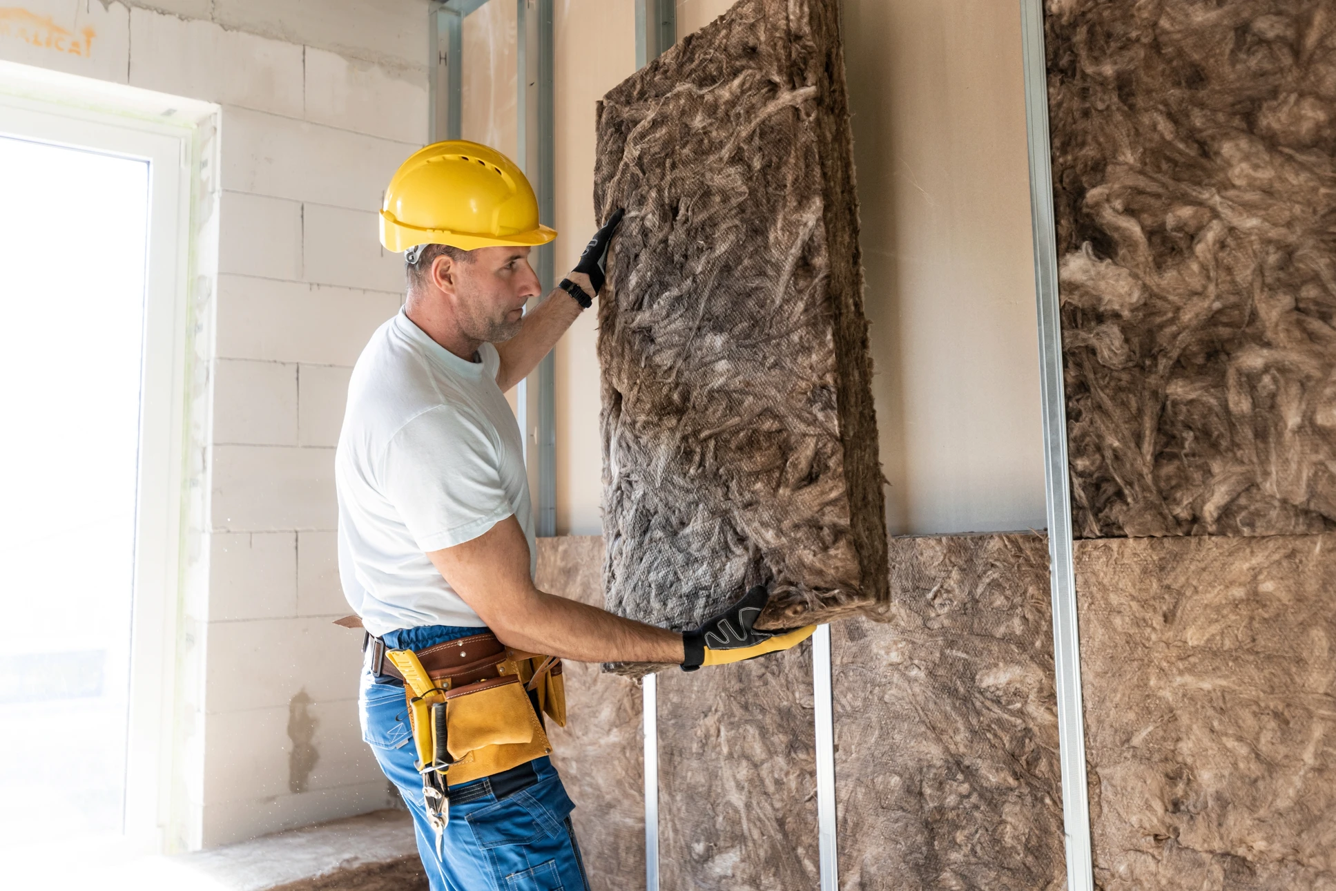 Ouvrier de construction installant des feuilles d'isolation en polystyrène sur le mur de façade de la maison pour la protection thermique