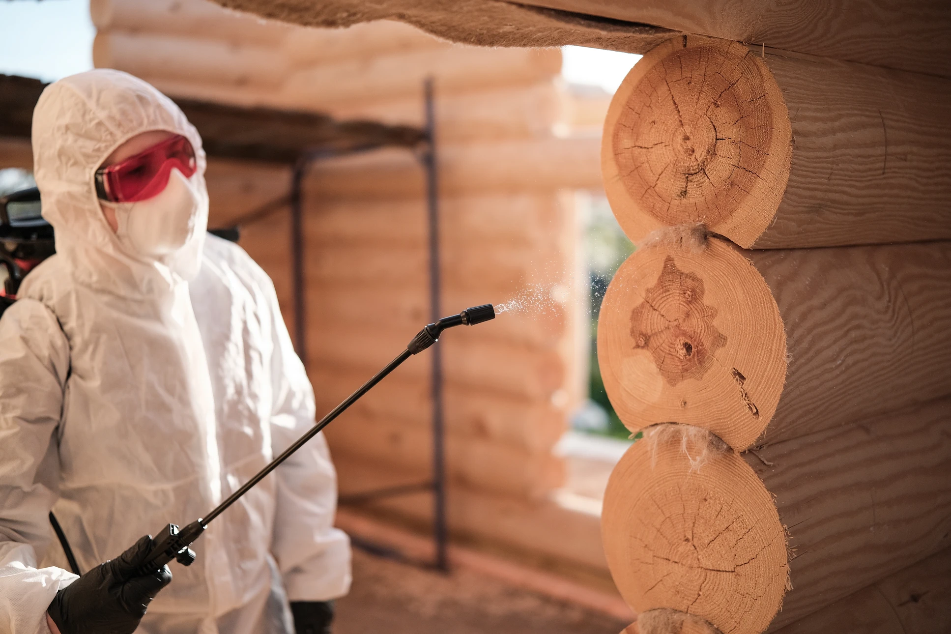 Photographie en gros plan d'une poutre en bois intérieur présentant des signes visibles d'attaque fongique (décoloration, traces de mérule avec aspect cotonneux blanc ou filamenteux, ou dégâts structurels caractéristiques), mise en lumière professionnelle, illustrant clairement le problème que l'entreprise traite. L'image doit montrer le bois affecté dans un contexte d'intérieur résidentiel ou de charpente.